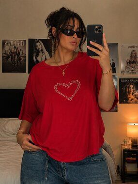 Avenue Y2K Rhinestone Heart Tee Women's Plus Size 30/32 Red Bling Top